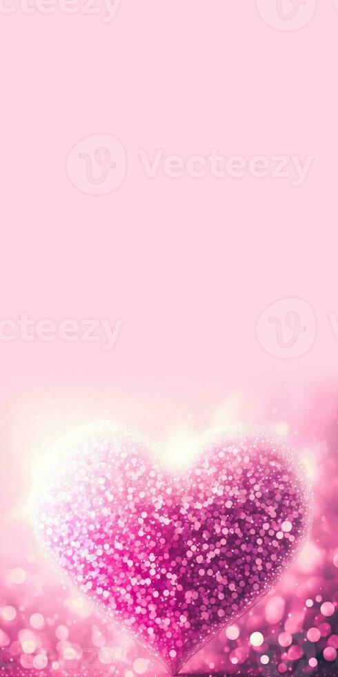3D Render, Shiny Pink Glittery Heart Shape On Bokeh Background. Love Concept. photo
