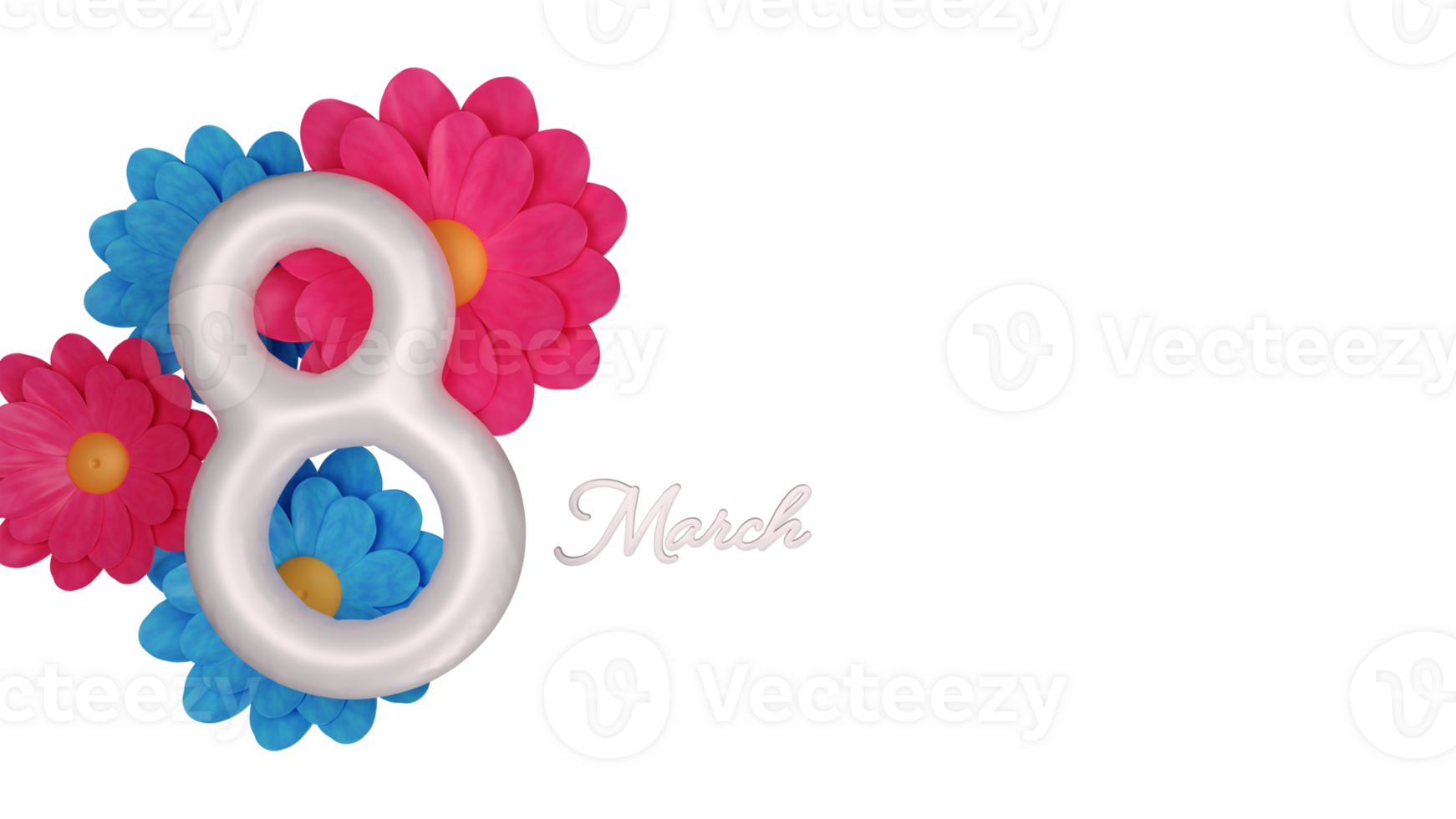 3D Render of 8 March Text And Beautiful Flowers Elements. png