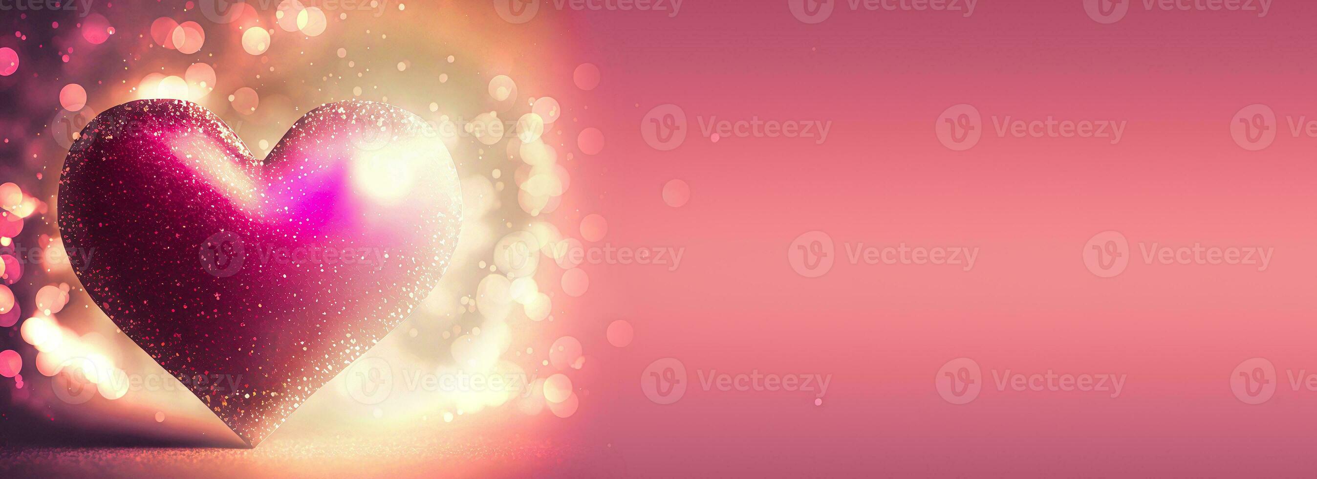 3D Render, Shiny Pink Glittery Heart Shape On Bokeh Background. Love Concept. photo