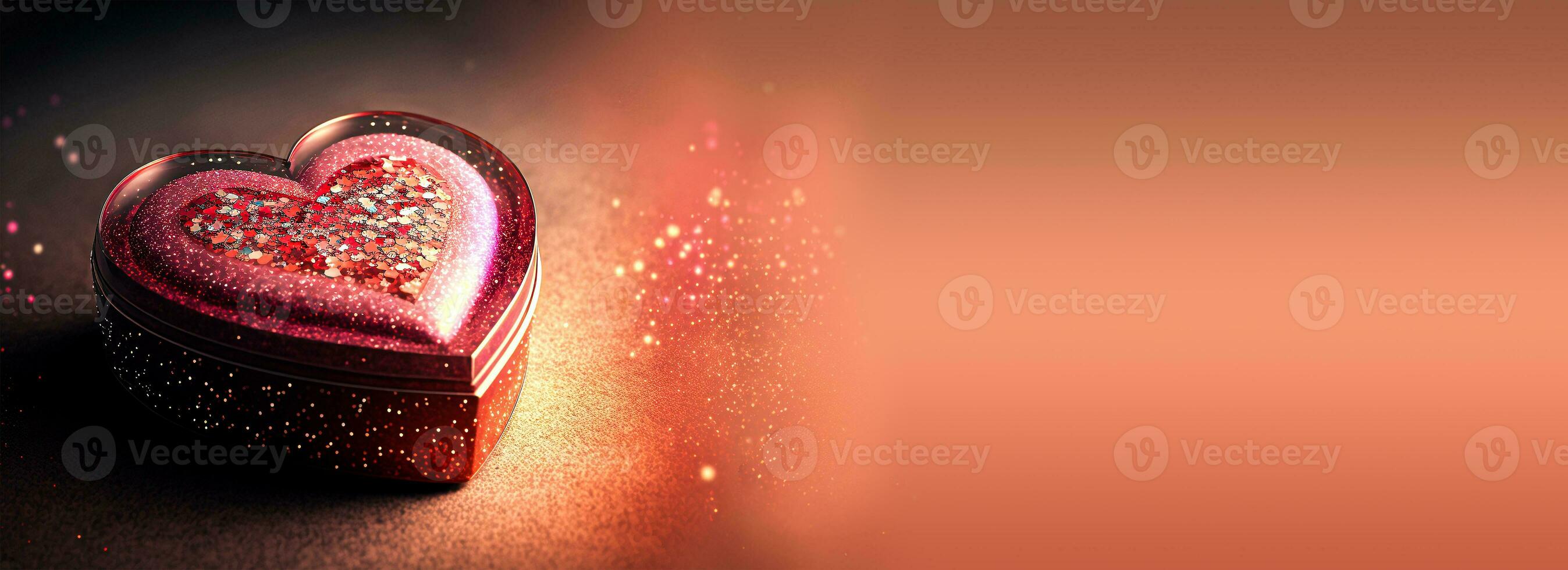 3D Render, Shiny Red Glittery Heart Shape Metal Box On Sparkle Lights Background. Valentine's Day Concept. photo