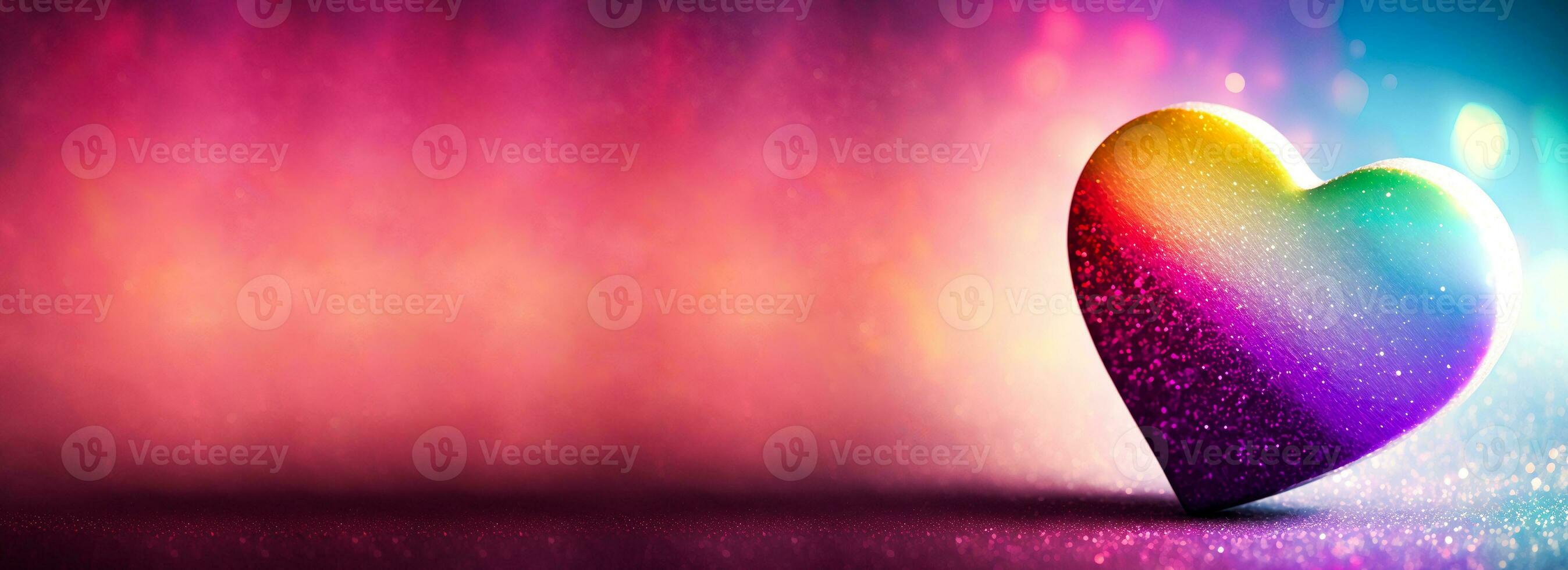 3D Render Of Shiny Colorful Glittery Heart Shape On Rainbow Bokeh Background. photo