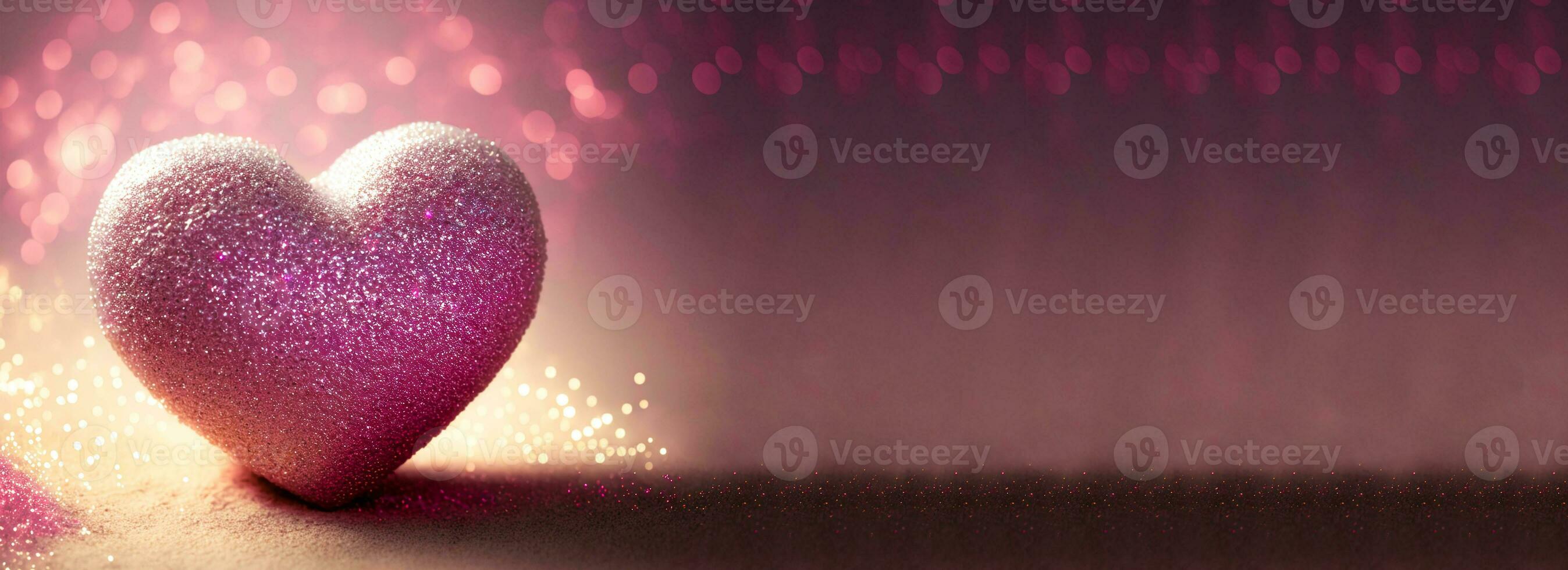 3D Render, Shiny Pink Glittery Heart Shape On Bokeh Background. Love Concept. photo