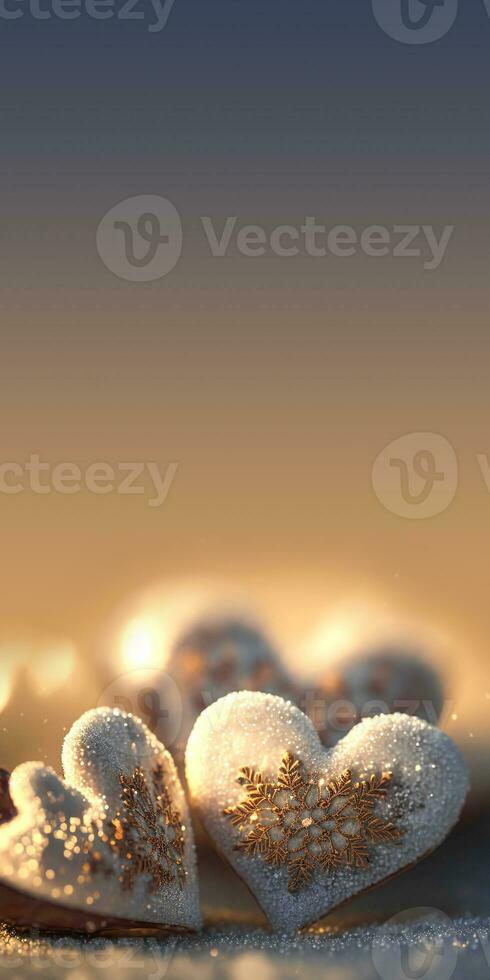 3D Render of Shiny Glittery Hearts With Golden Snowflakes On Bokeh Background. Love Concept. photo