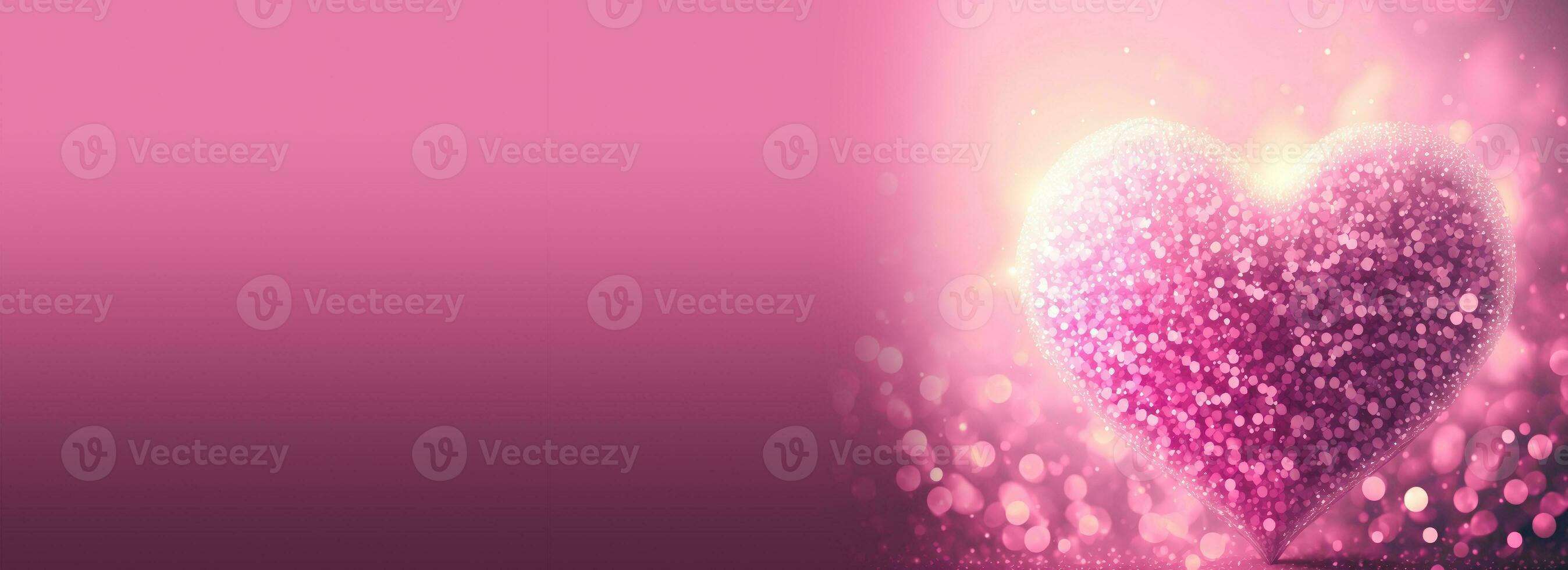 3D Render, Shiny Pink Glittery Heart Shape On Bokeh Background. Love Concept. photo