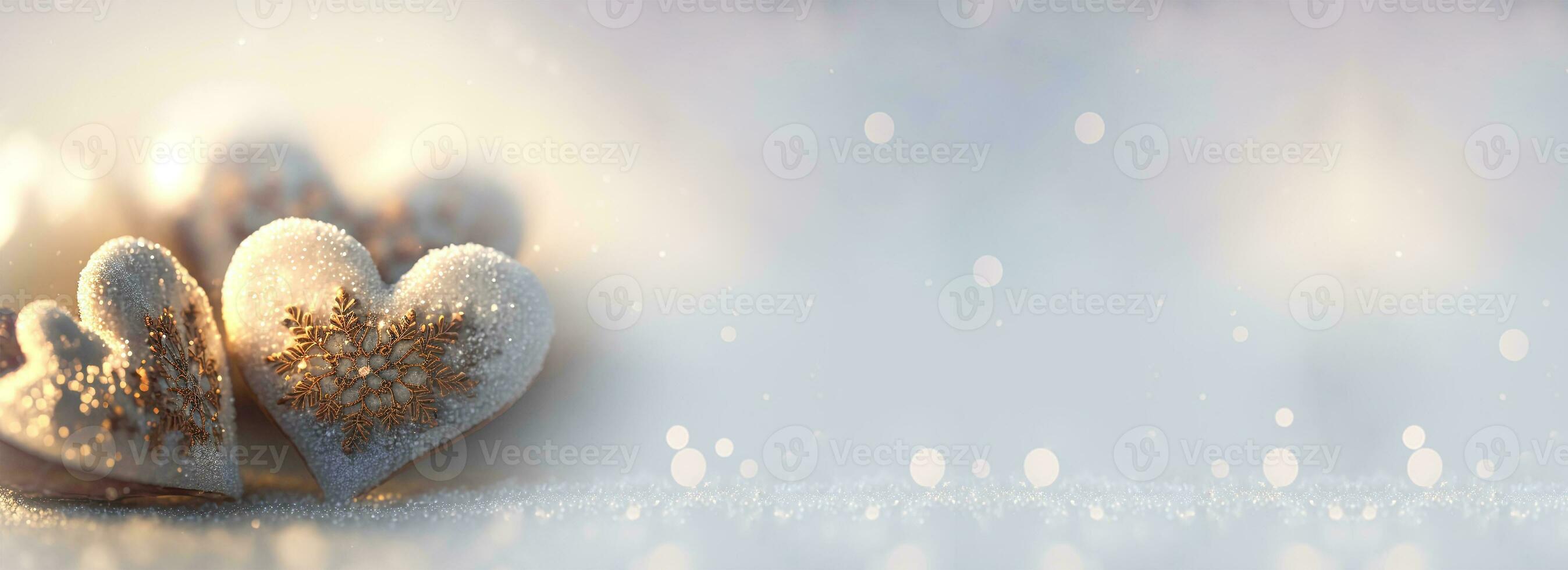 3D Render of Shiny Glittery Hearts With Golden Snowflakes On Bokeh Background. Happy Valentine's Day Concept. photo