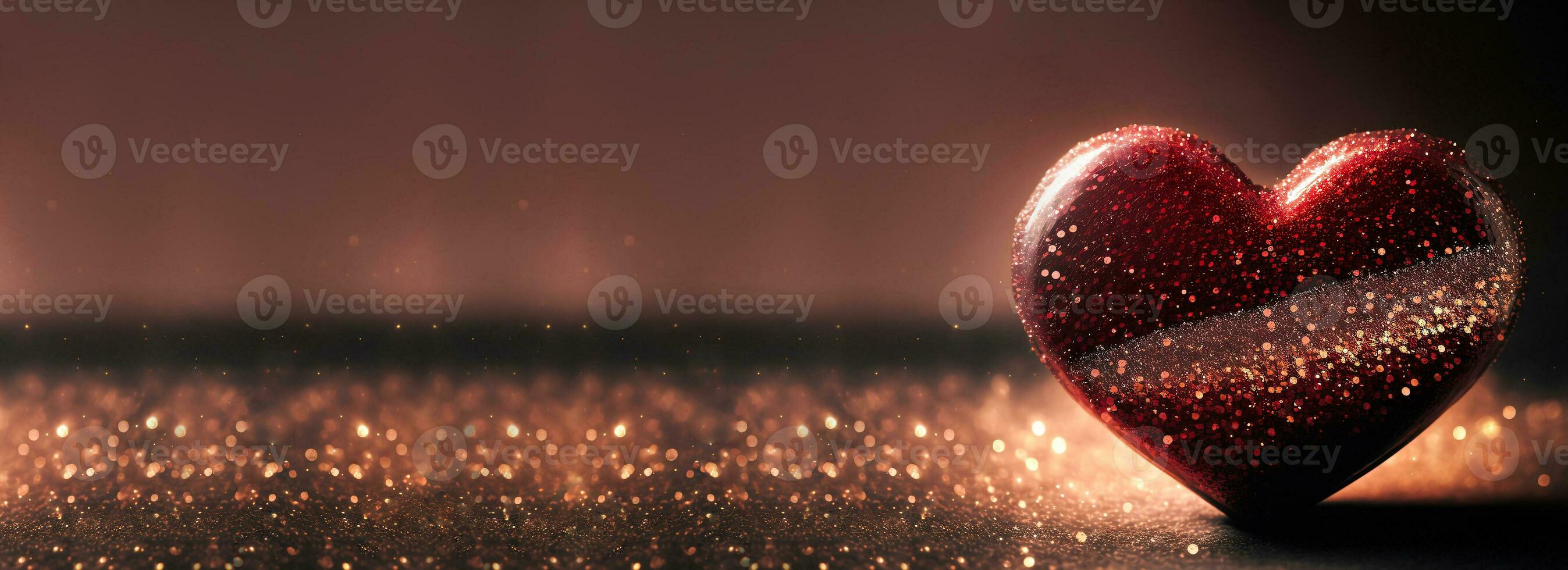 3D Render, Shiny Red Glittery Heart Shape On Flare Lighting Background. Valentine's Day Concept. photo