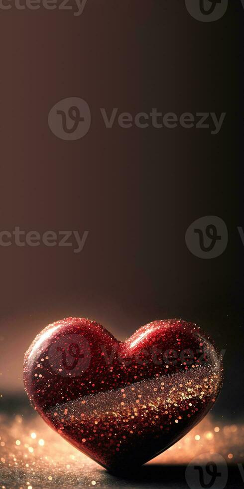 3D Render, Shiny Red Glittery Heart Shape On Flare Lighting Background. Valentine's Day Concept. photo