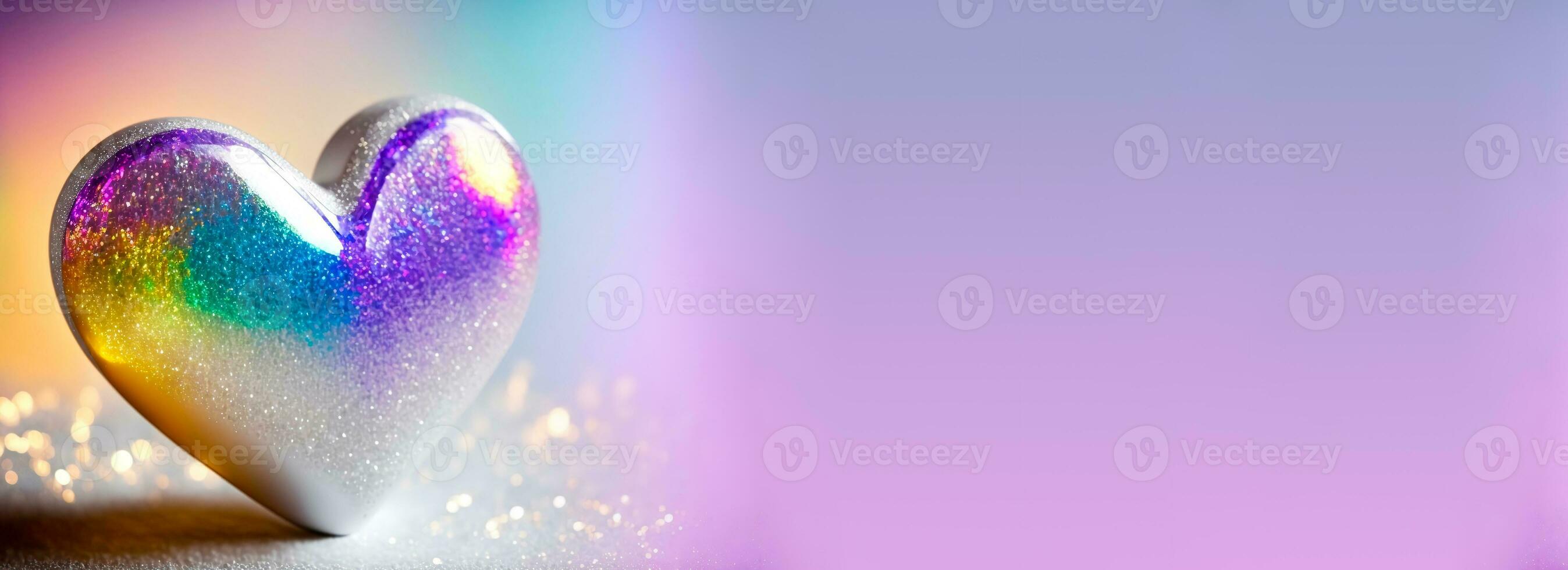 3D Render, Shiny Colorful Glittery Heart Shape On Rainbow Background. Valentine's Day Concept. photo