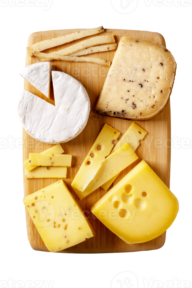 Cheese platter on wooden board isolated with transparent background png