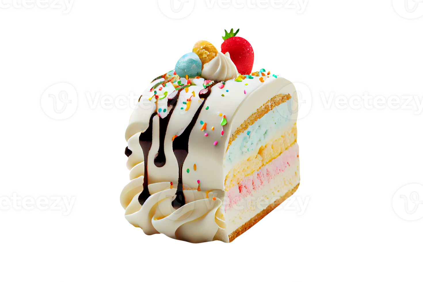 Fresh sweet ice cream cake with chocolate syrup and berries on transparent background png