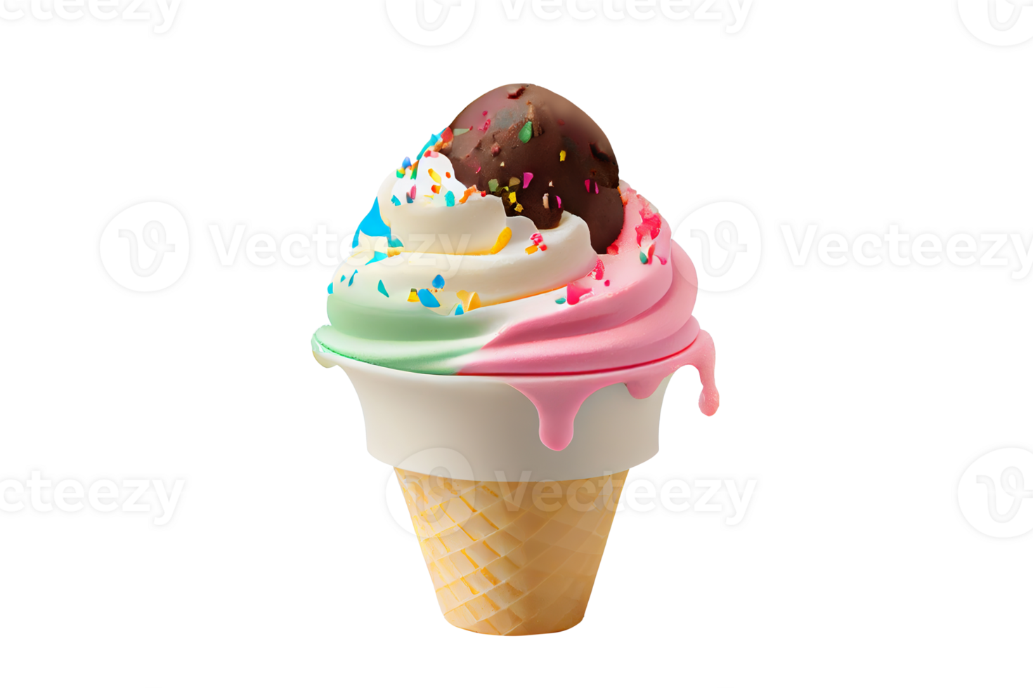 Tasty colorful ice cream cup with syrups and fruits on transparent background png