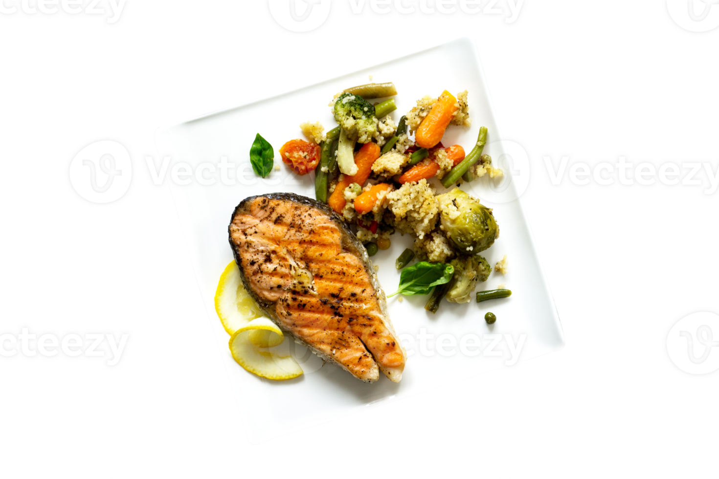 Grilled salmon steak and vegetables on transparent background png