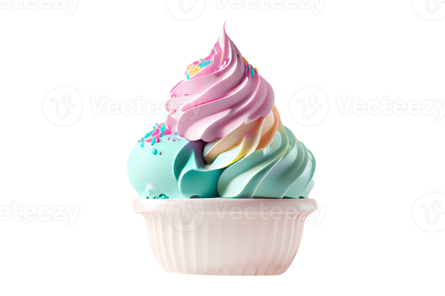 Tasty colorful ice cream cup with syrups and fruits on transparent background png