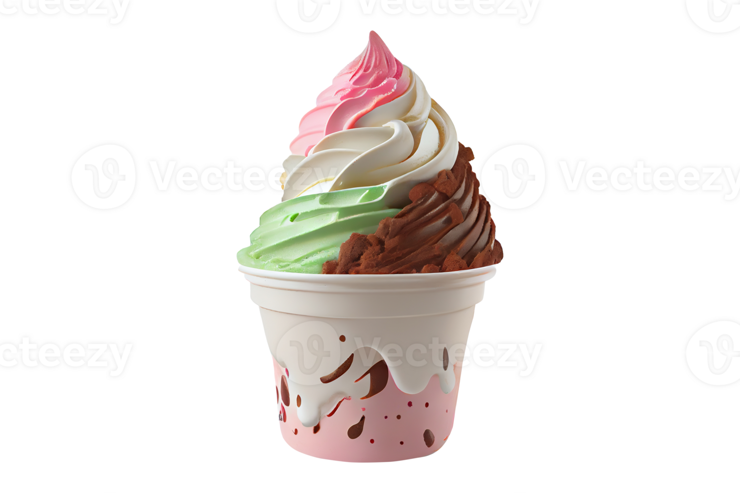 Tasty colorful ice cream cup with syrups and fruits on transparent background png