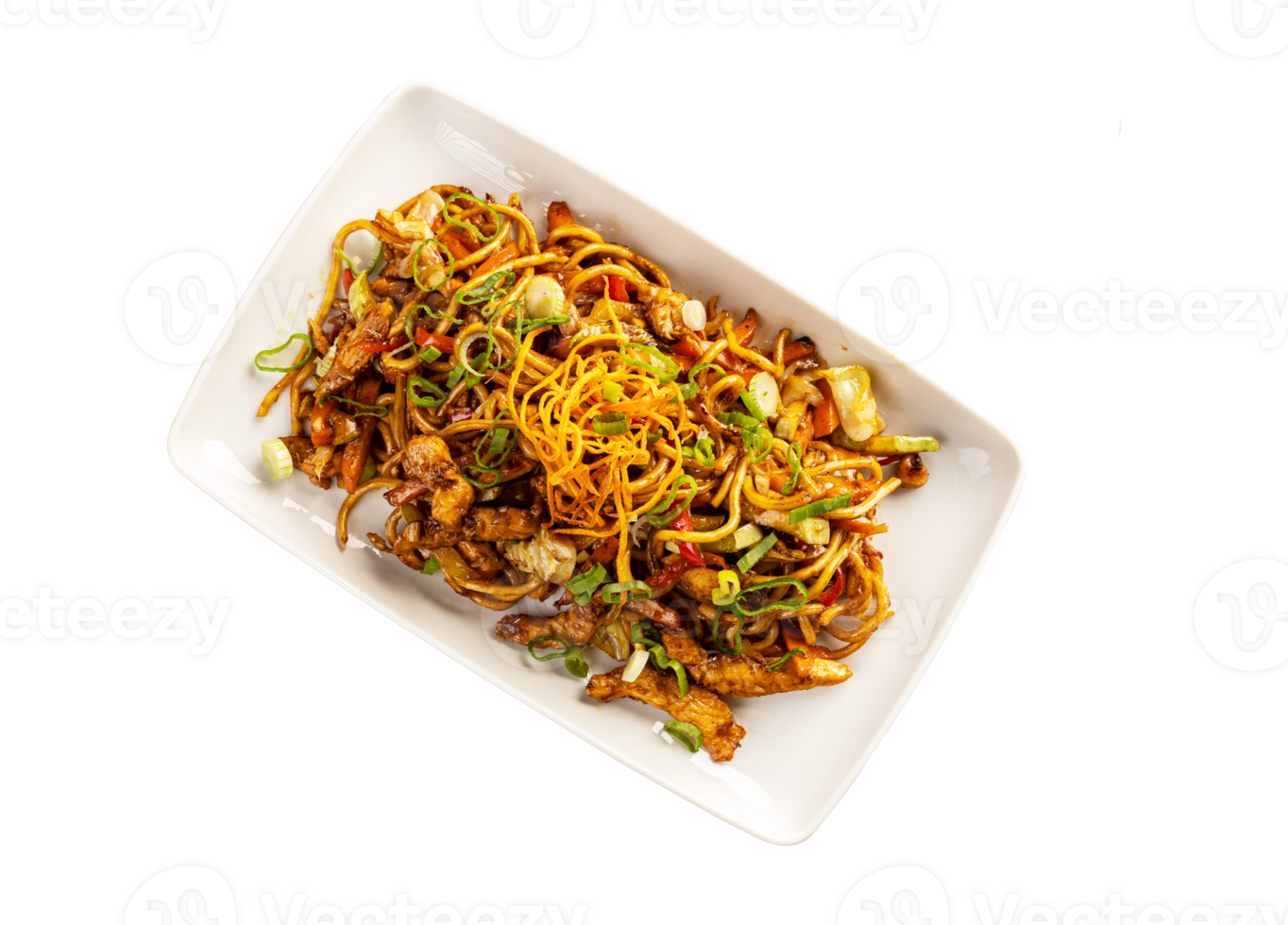 Fresh chicken stir fried with noodles on transparent background png