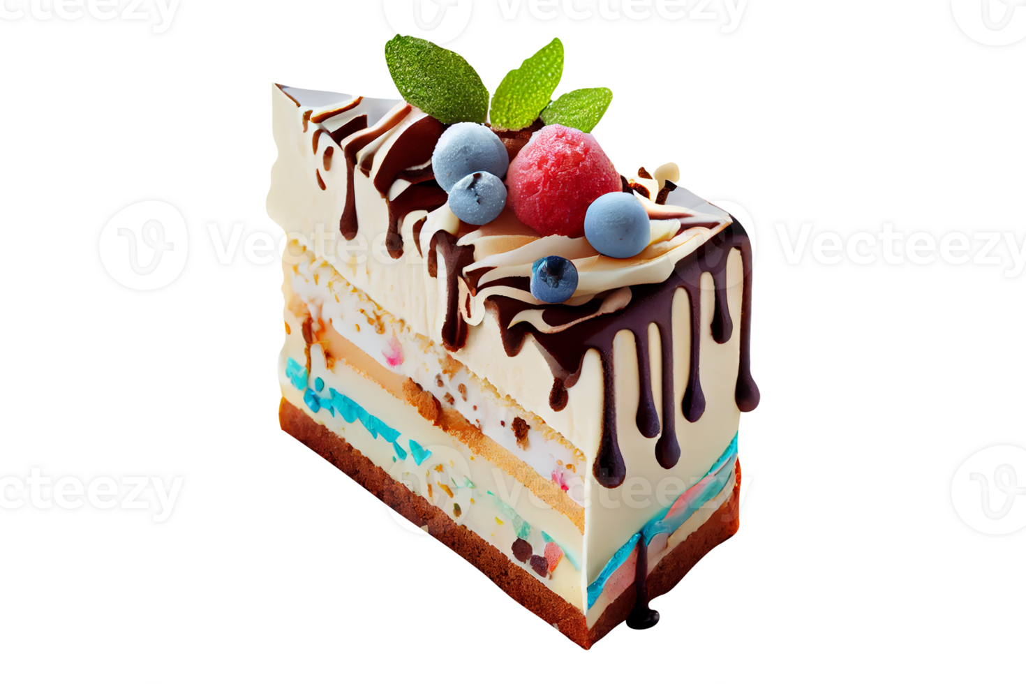 Fresh sweet ice cream cake with chocolate syrup and berries on transparent background png