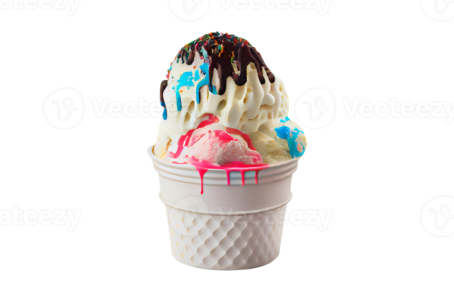 Tasty colorful ice cream cup with syrups and fruits on transparent