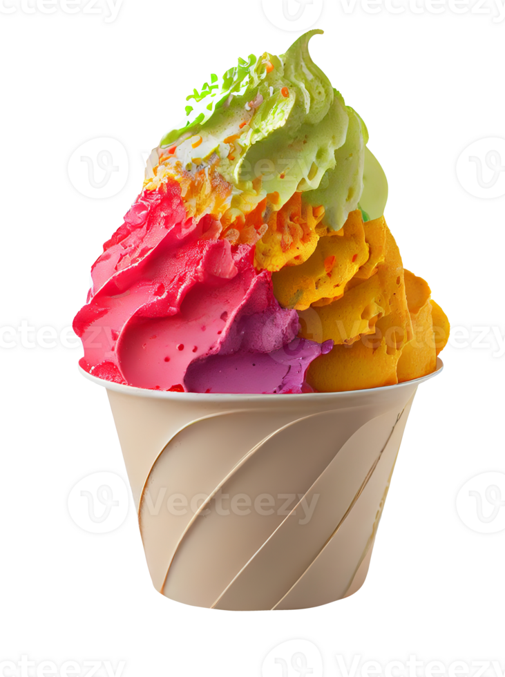 Tasty colorful ice cream cup with syrups and fruits on transparent background png
