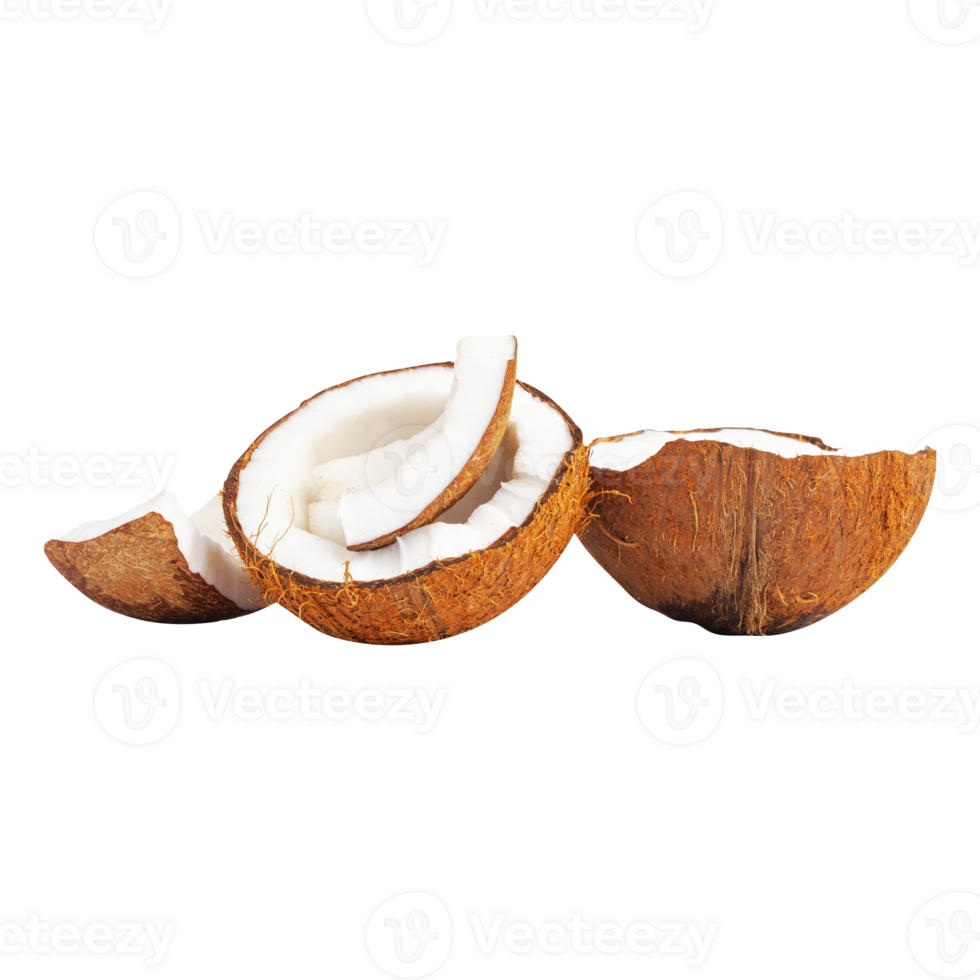 Collage of broken coconut pieces isolated on transparent background png
