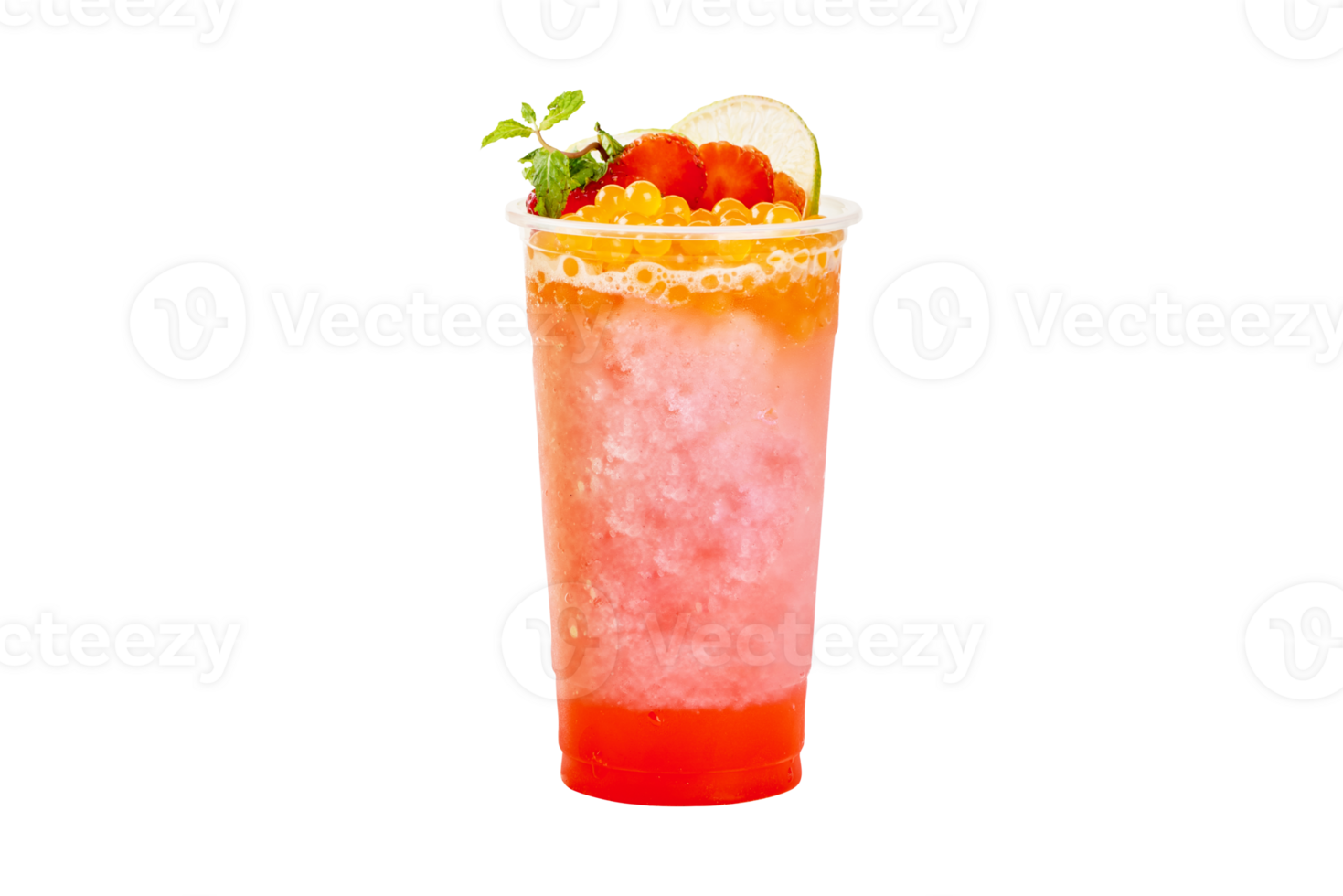 Fresh juice with red caviar and strawberry slices on transparent background png