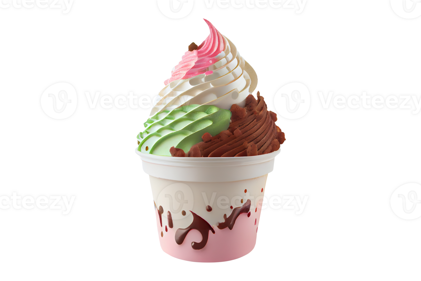 Tasty colorful ice cream cup with syrups and fruits on transparent background png