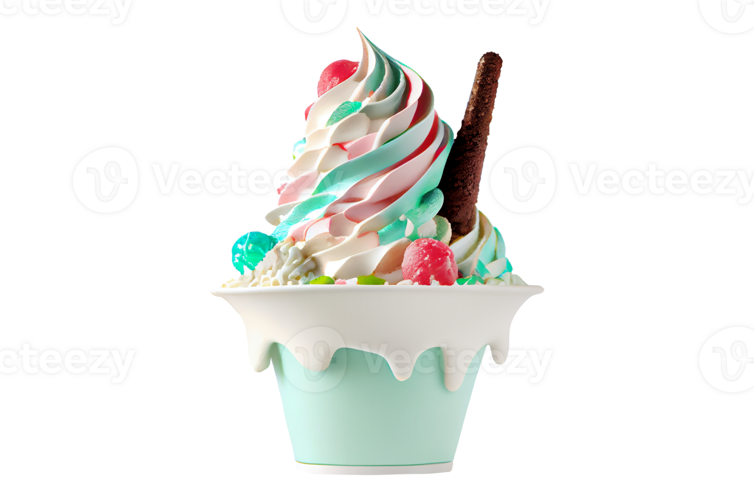Tasty colorful ice cream cup with syrups and fruits on transparent background png