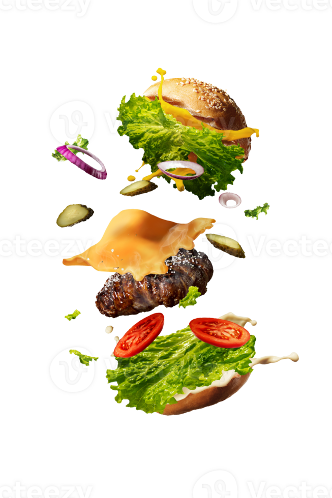 Tasty flying hamburger isolated on transparent background png