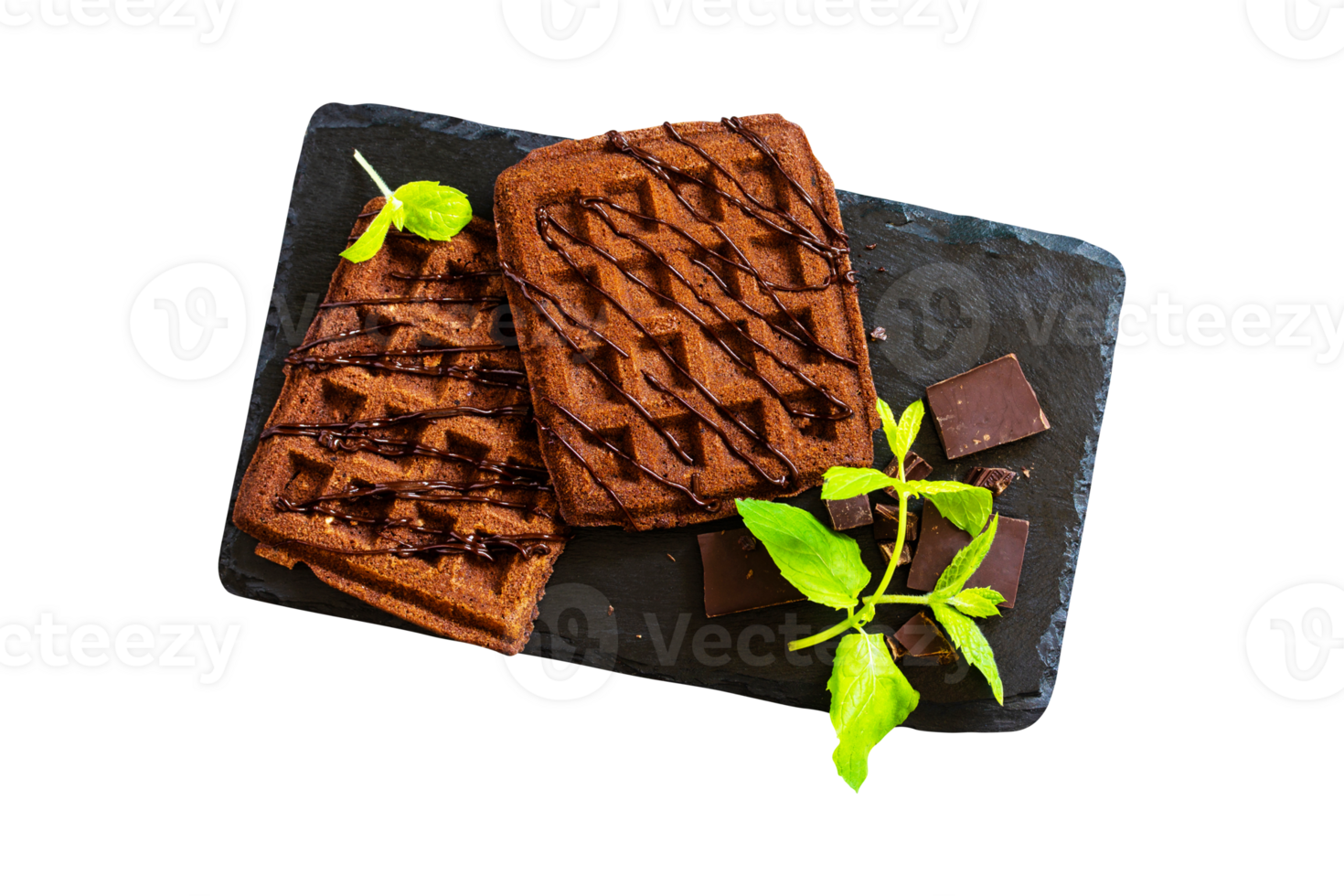 Chocolate Belgian waffles with chocolate topping on transparent background png