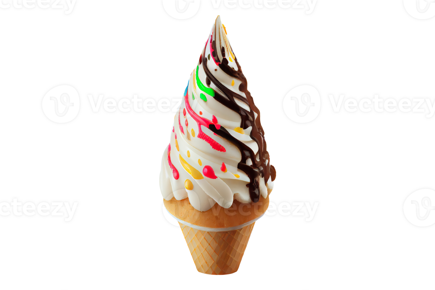 Tasty colorful ice cream cup with syrups and fruits on transparent background png