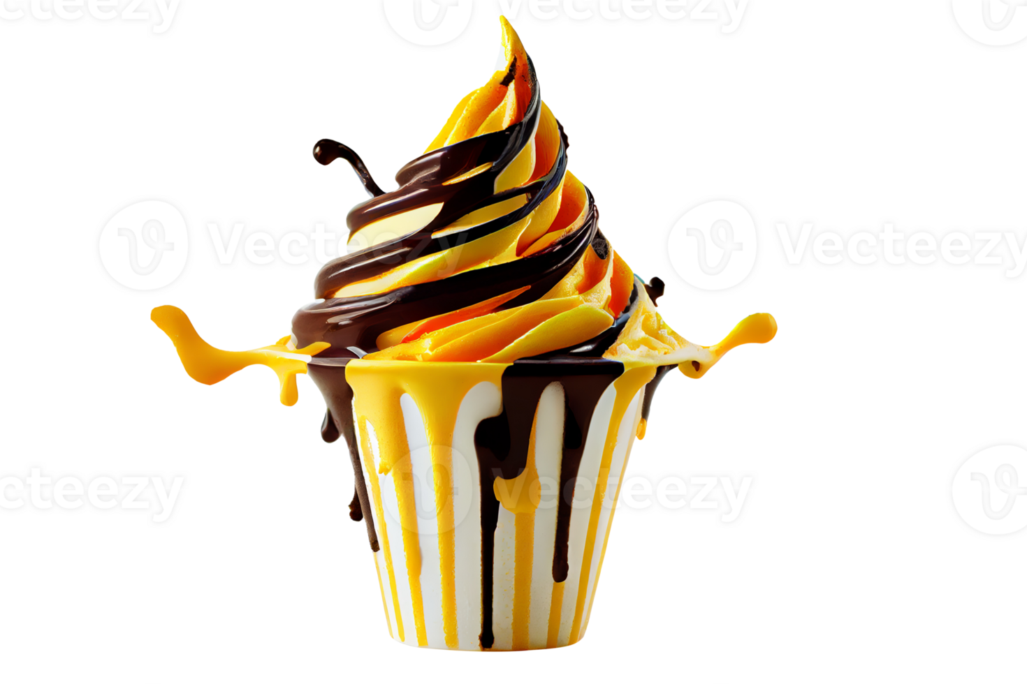 Tasty colorful ice cream cup with syrups and fruits on transparent background png