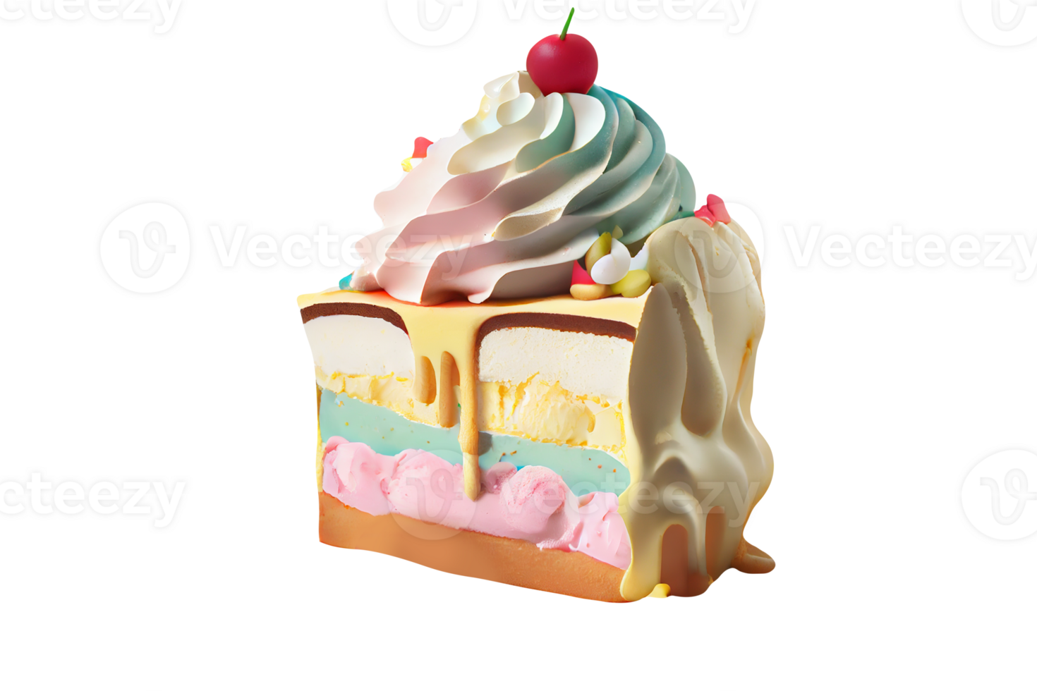 Fresh sweet ice cream cake with chocolate syrup and berries on transparent background png