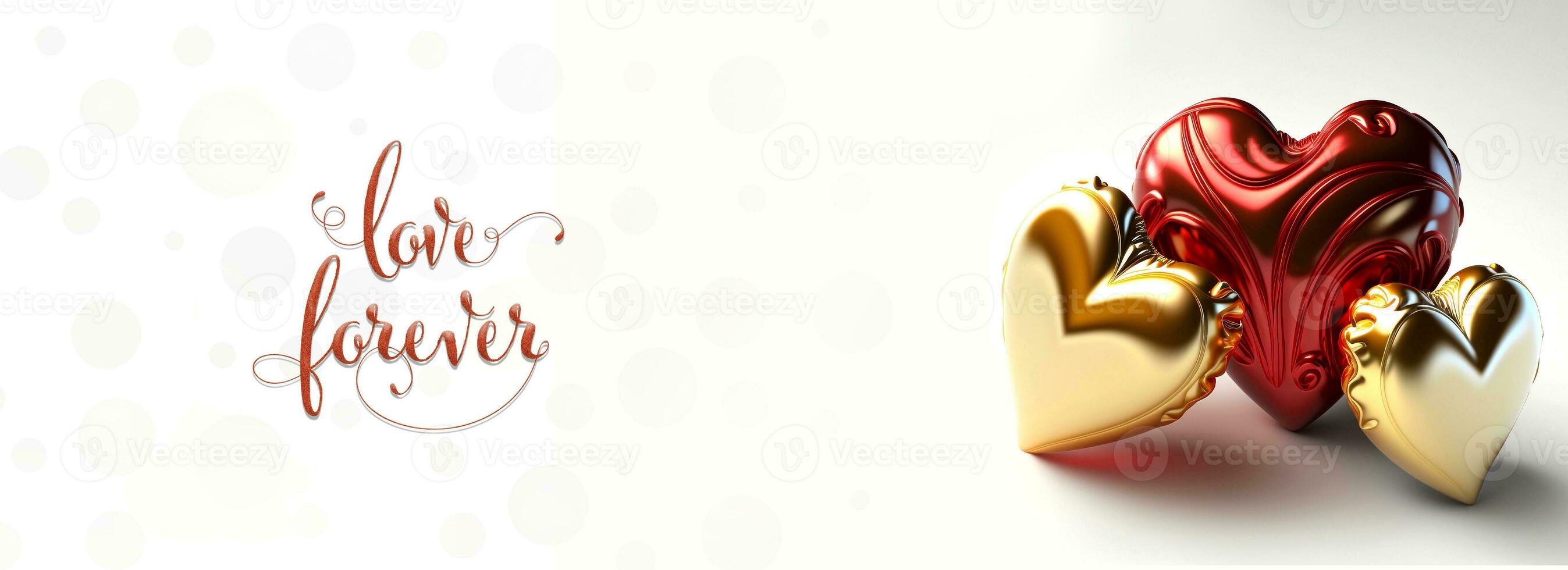 Love Forever Text With 3D Render Of Glossy Golden And Copper Hearts Shapes Balloons. photo