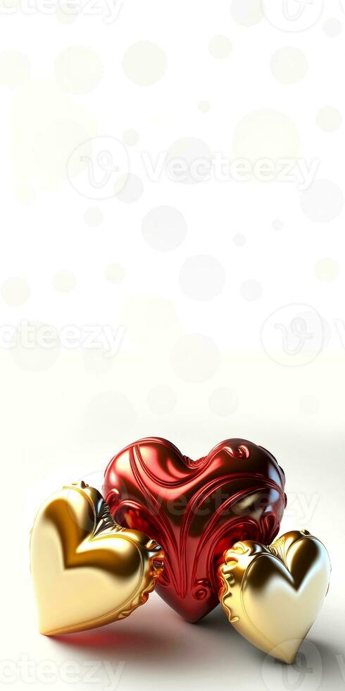 3D Render Of Glossy Golden And Copper Hearts Shapes Balloons. Valentine's Day Concept. photo