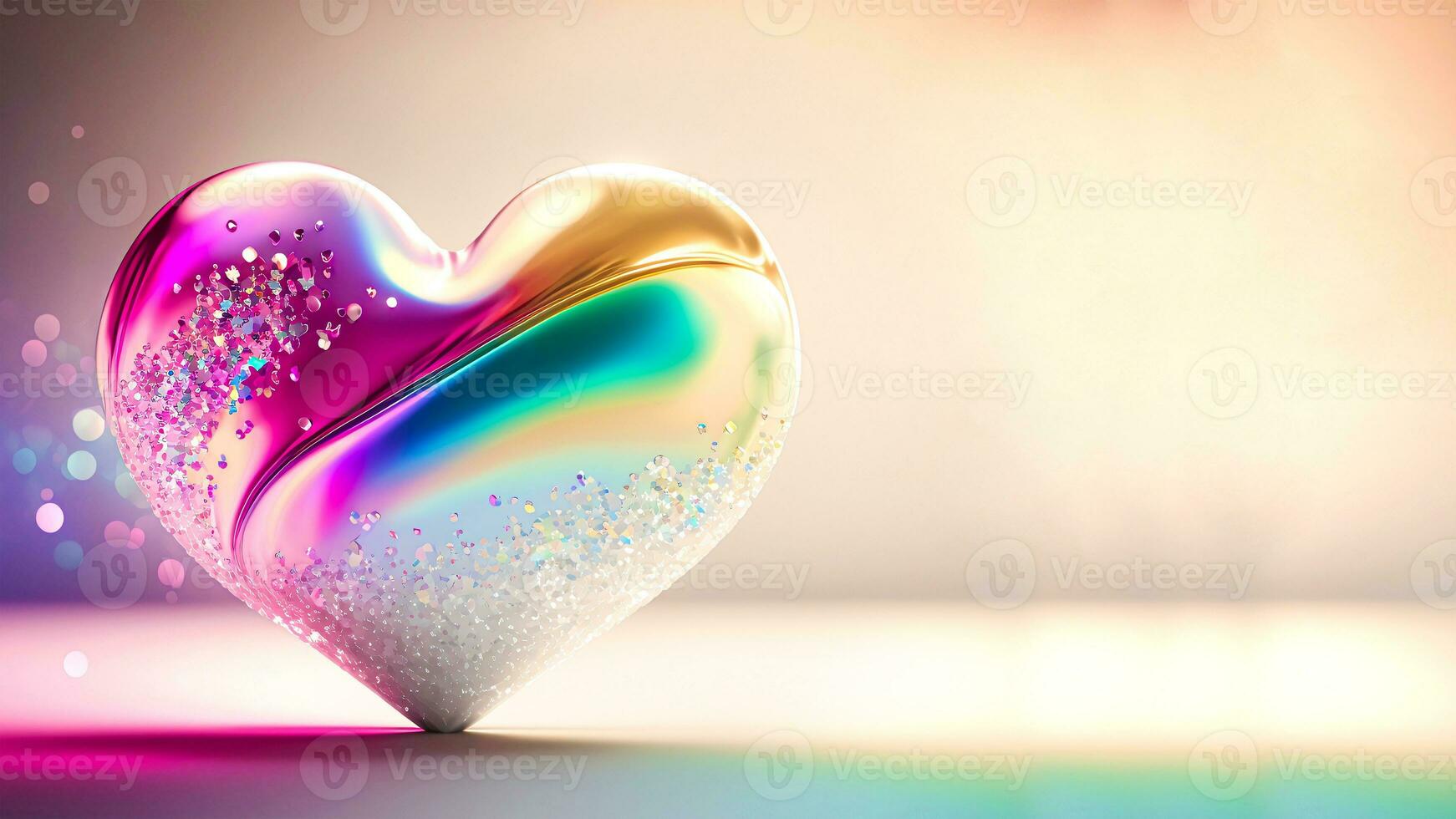 3D Render Of Shiny Colorful Glittery Heart Shape On Rainbow Background. photo