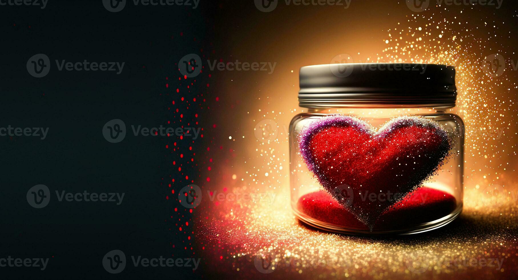 3D Render of Red Glittery Heart Shape Inside Glass Jar On Golden Sparkles Background. photo