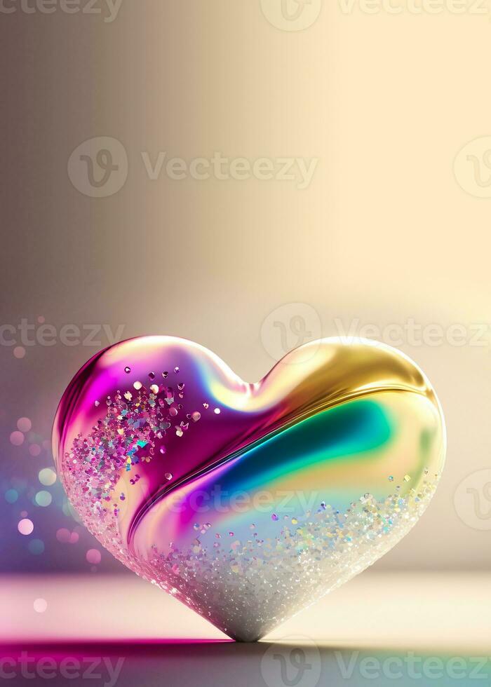 3D Render Of Shiny Colorful Glittery Heart Shape On Rainbow Background. photo