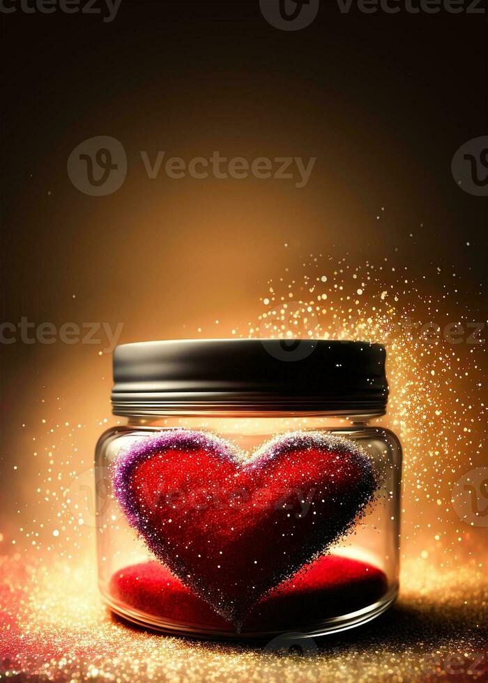 3D Render of Red Glittery Heart Shape Inside Glass Jar On Golden Sparkles Background. photo