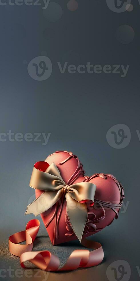 3D Render, Matte Red Heart Shape Wrapped With Bronze Bow Silk Ribbon. photo
