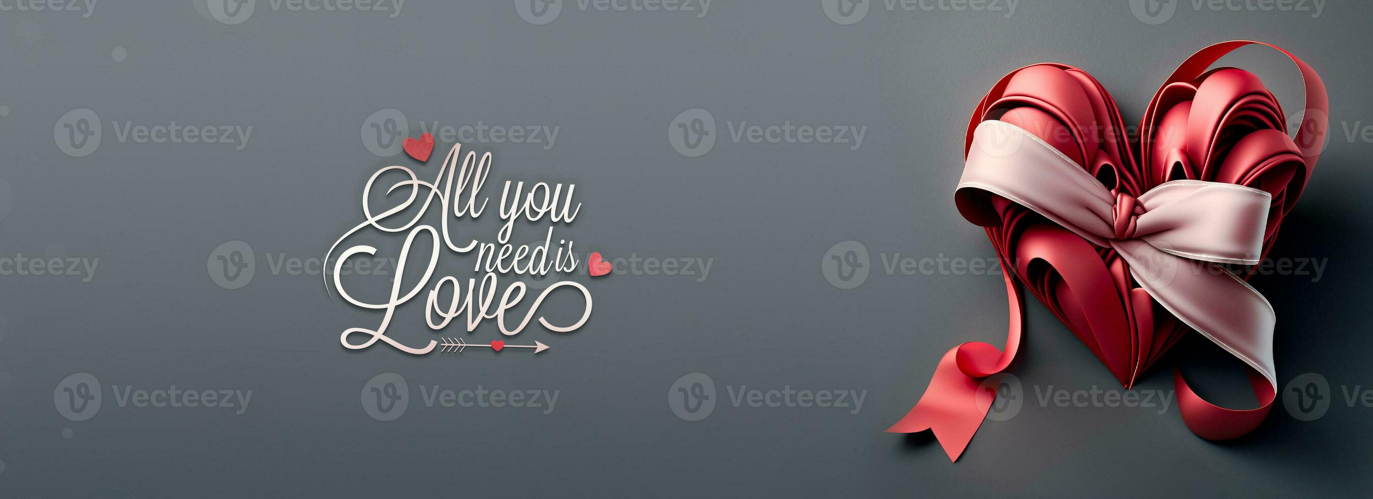 All You Need Is Love Text With 3D Reder Of Red Silk Ribbon Forming Heart Shape On Grey Background. photo