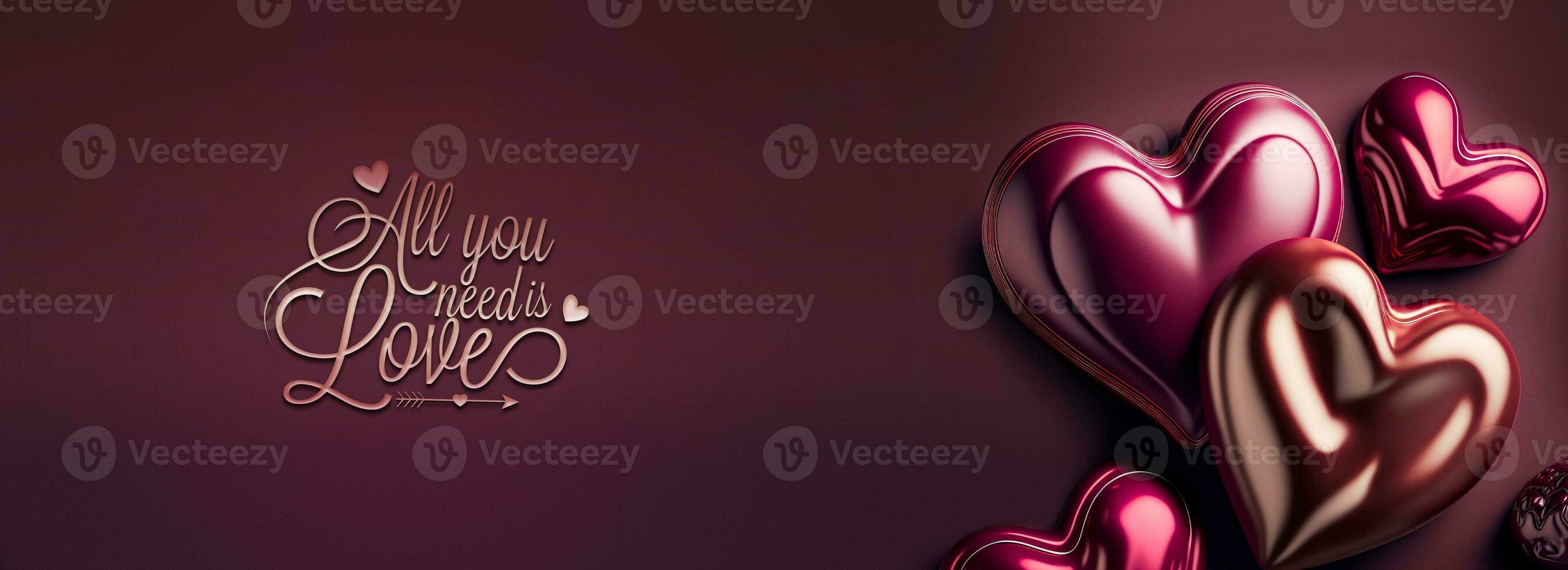 All You Need Is Love Text With 3D Render Glossy Colorful Heart Shapes. photo