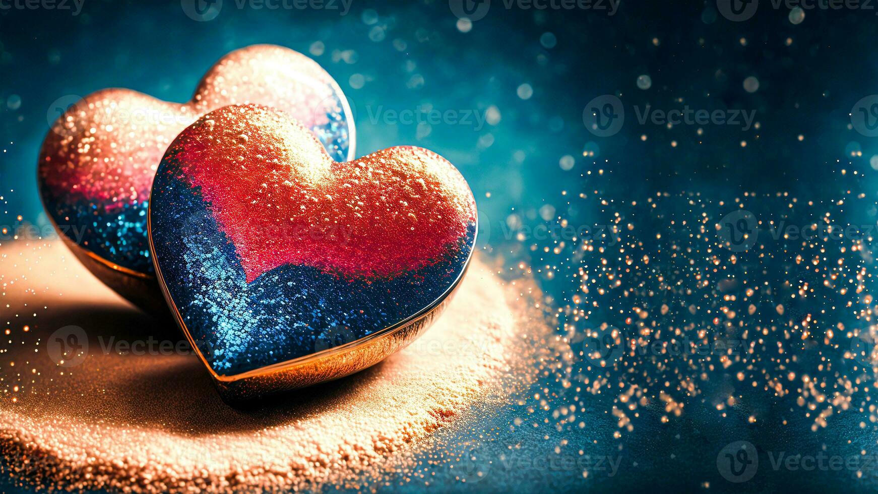 3D Render, Shiny Glittery Heart Shapes On Golden And Blue Sparkles Background. Valentine's Day Background. photo