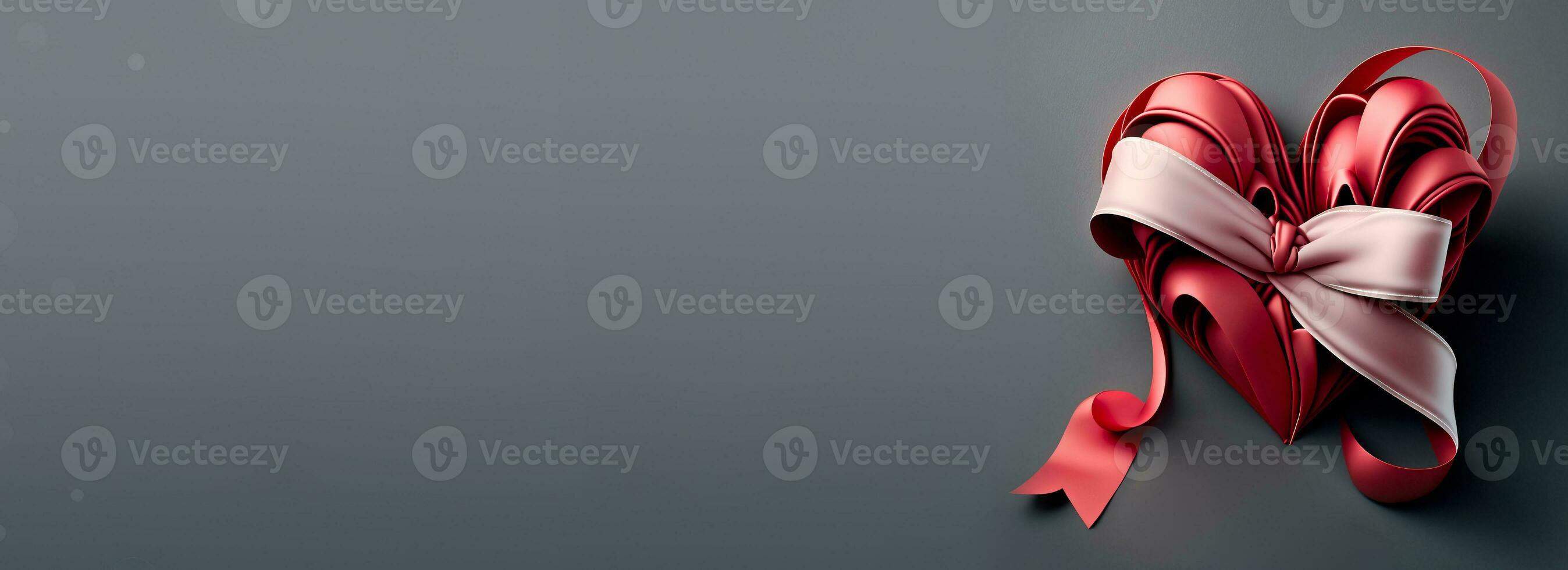 3D Reder Of Red Silk Ribbon Forming Heart Shape On Grey Background. Valentine's Day Concept. photo
