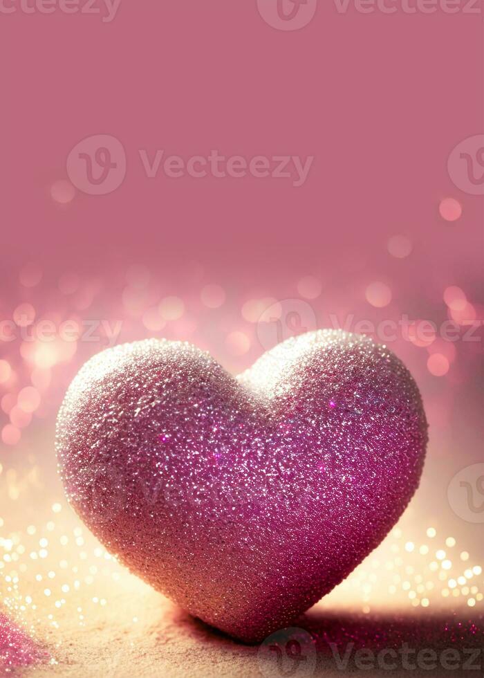 3D Render, Shiny Pink Glittery Heart Shape On Bokeh Backgorund. Love Concept. photo