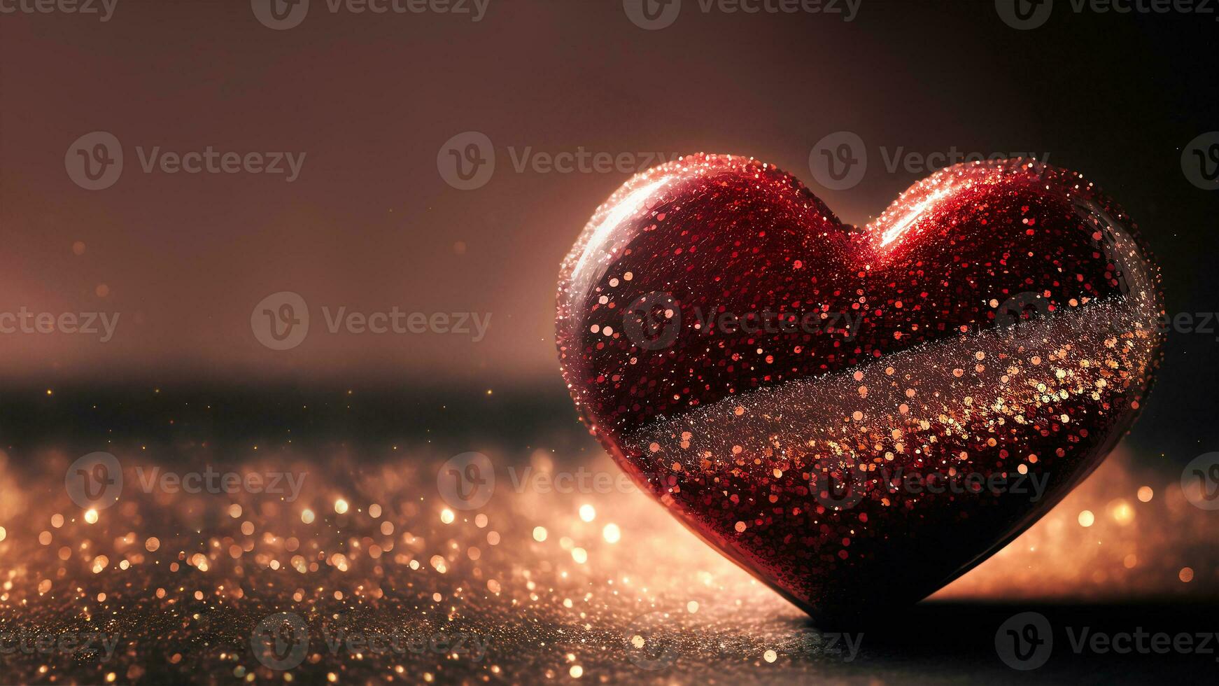 Shiny Red Glittery Heart Shape On Flare Lighting Background. 3D Render. photo