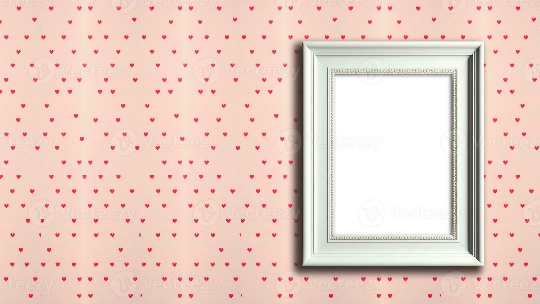 3D Render, Photo Frame With Image Placeholder Against Pink Hearts Decorated Wall.