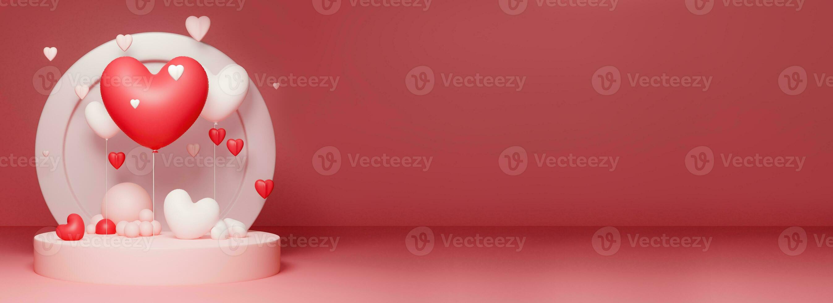 3D Render of Red And White Heart Shape Balloons Against Circular Podium And Copy Space. Love Concept. photo