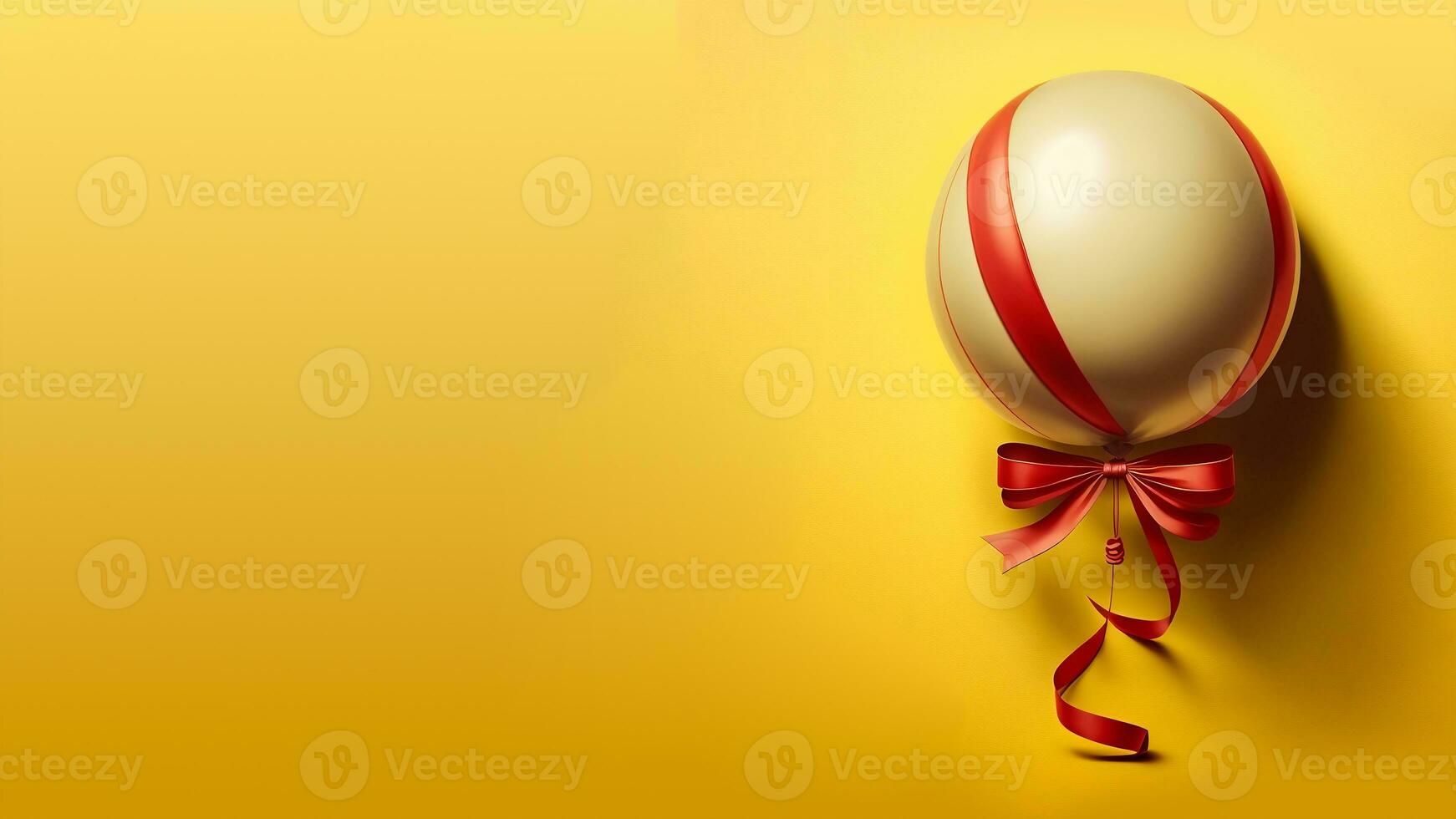 Realistic Glossy Balloon With Red Ribbon Against Yellow Background. 3D Render. photo