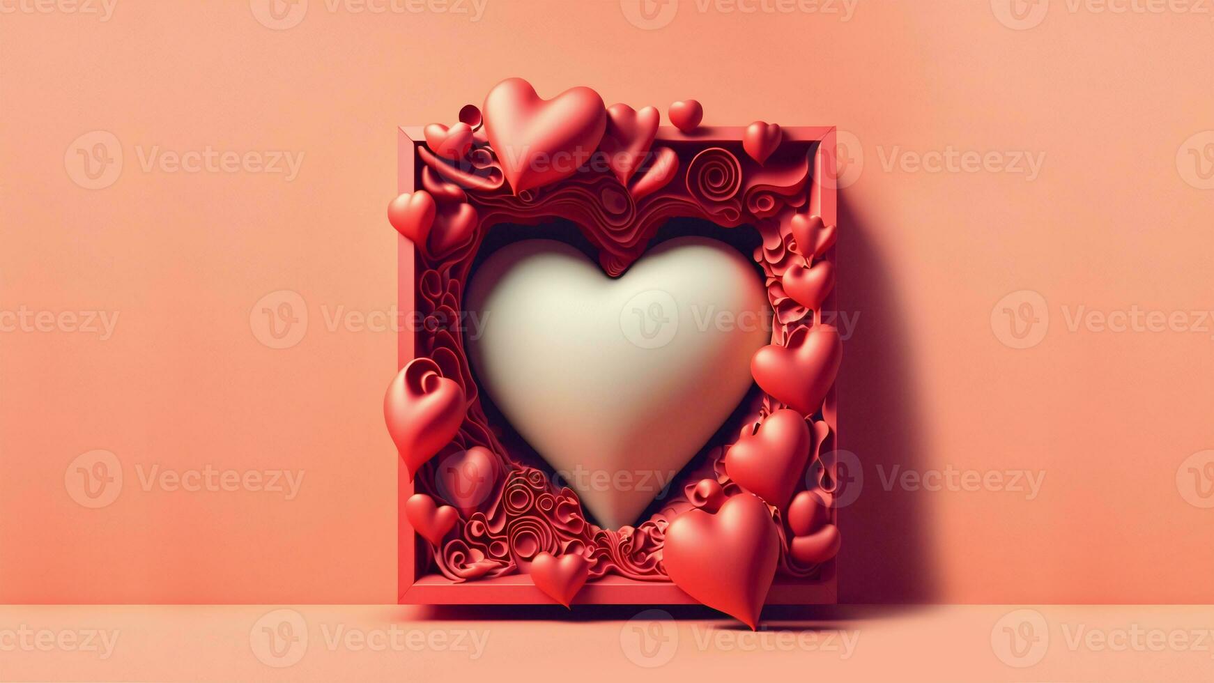 3D Render, Red Vintage Square Frame With Heart Shapes. Valentine's Day Concept. photo