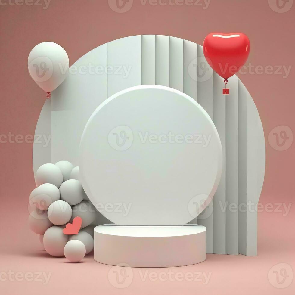 3D Render, Presented Circular Frame On Podium With Balloons. photo