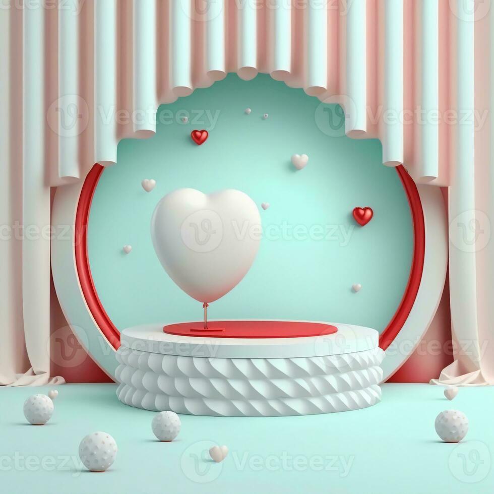 3D Render Circular Frame Background With Curtains, Blank Podium, Heart Balloons And Balls. photo